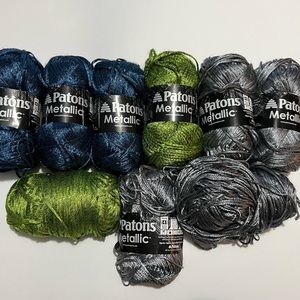 Patons Metallic Yarn Lot 9 skeins in Green, Pewter, and Blue Steel